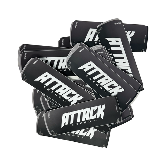 A pile of Attack Energy Can Stickers