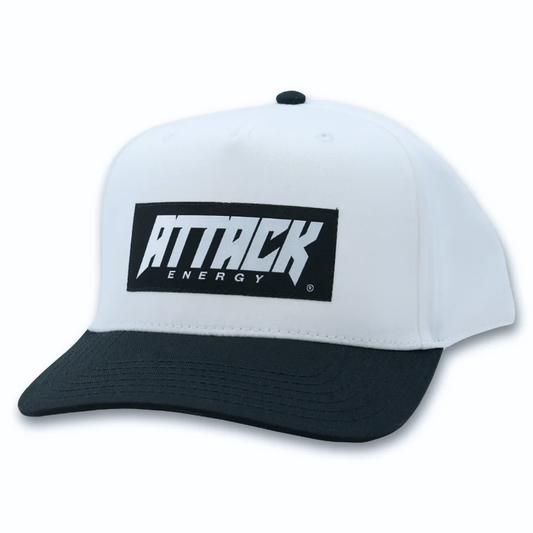 White and black cap with 'Attack Energy' logo on a white background